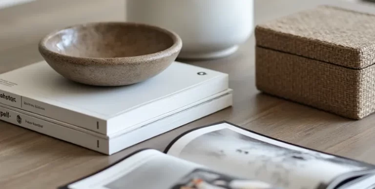 A close-up view of a modern tabletop arrangement featuring two stacked minimalist white hardcover books with a rustic ceramic bowl placed on top. Next to them is a woven textured box and an open monochrome magazine. The scene is styled on a wooden surface with soft, natural lighting, creating a calm and curated aesthetic.
