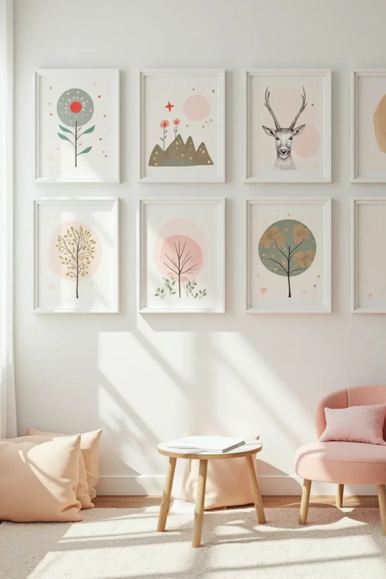 Minimalist kids’ playroom corner with soft pink armchair, natural wood table, and a wall of whimsical framed artwork featuring trees, mountains, and animals in soft pastel colors.